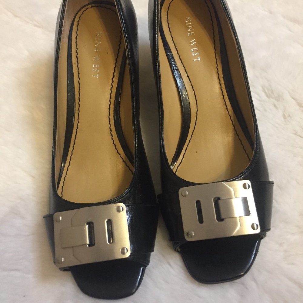 Leather Peep Toe Wedges, Black with Silver Buckle
